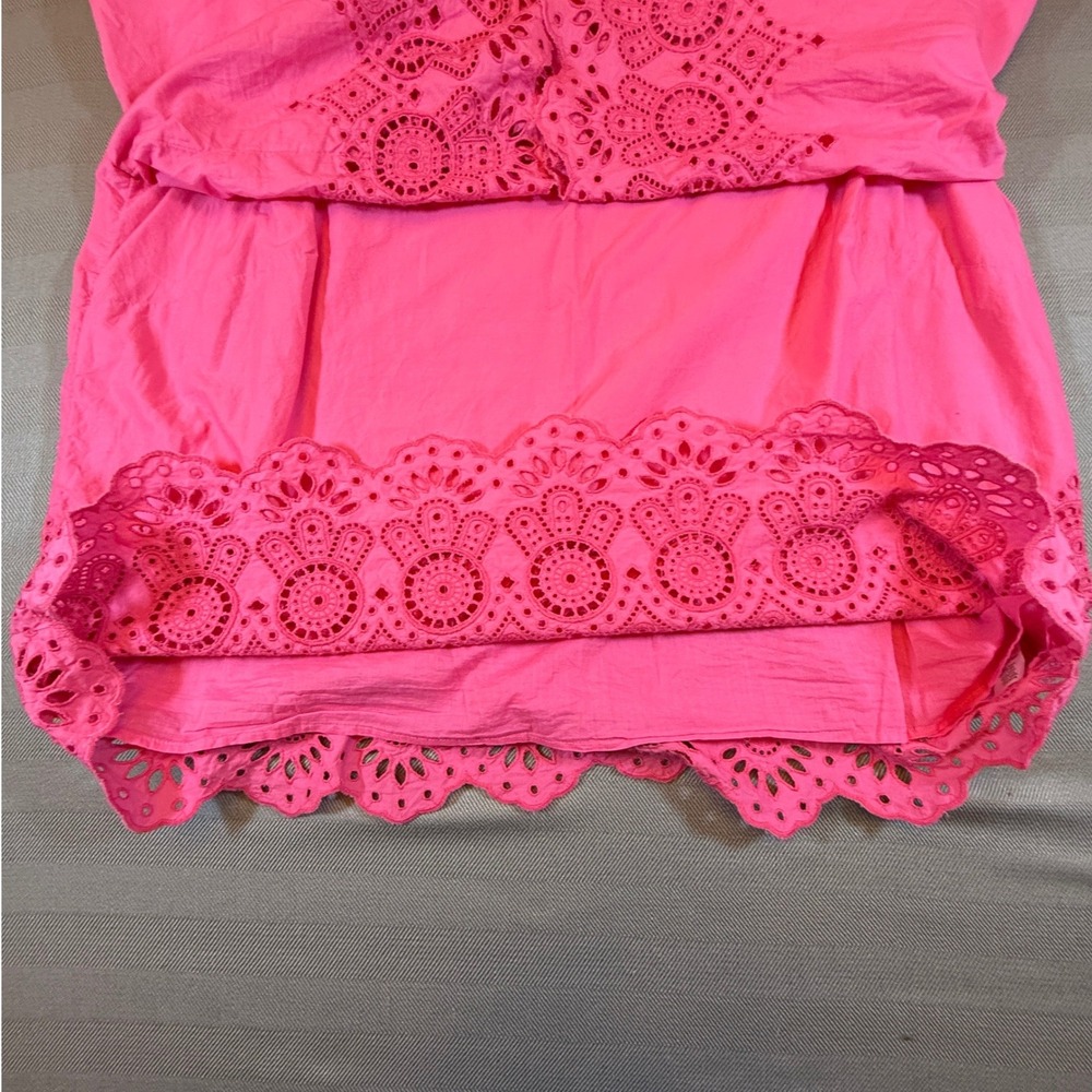Talbots Plus Pink Eyelet Embroidered Cotton Top 2X Ruffle Neck 3/4 Sleeve 2448 - Picture 5 of 10
